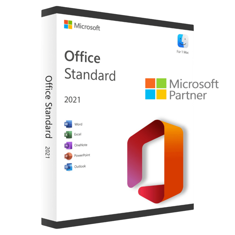 Microsoft Office 2021 Standard für Mac Boxabbildung mit Icons der enthaltenen Anwendungen