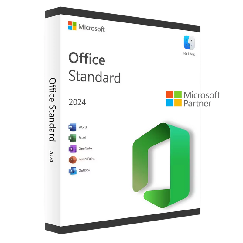 Microsoft Office Standard 2024 für Mac – Produktverpackung mit Microsoft-Logo, Office-Symbol und Programmen Word, Excel, PowerPoint, Outlook und OneNote