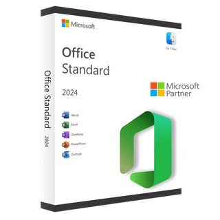 Microsoft Office Standard 2024 für Mac – Produktverpackung mit Microsoft-Logo, Office-Symbol und Programmen Word, Excel, PowerPoint, Outlook und OneNote