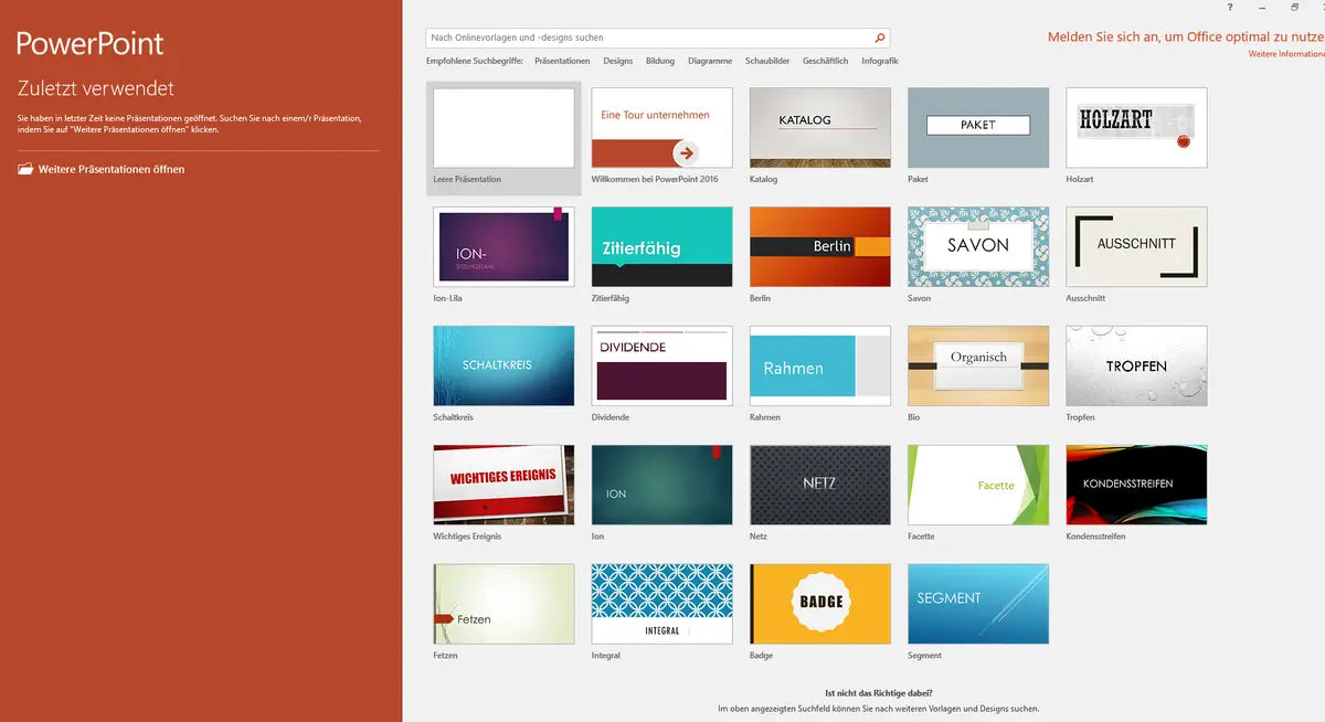 Screenshot der Microsoft PowerPoint 2016 Oberfläche auf dem Mac mit Übersicht der verfügbaren Präsentationsvorlagen.