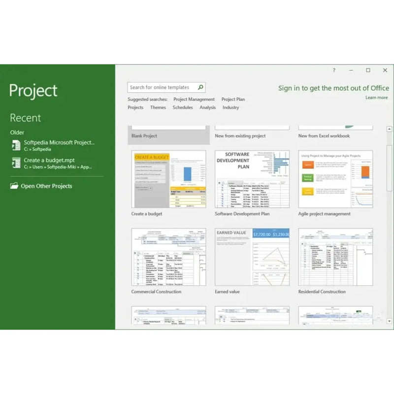 Screenshot der Microsoft Project 2016 Professional Vorlagen und Projektübersicht