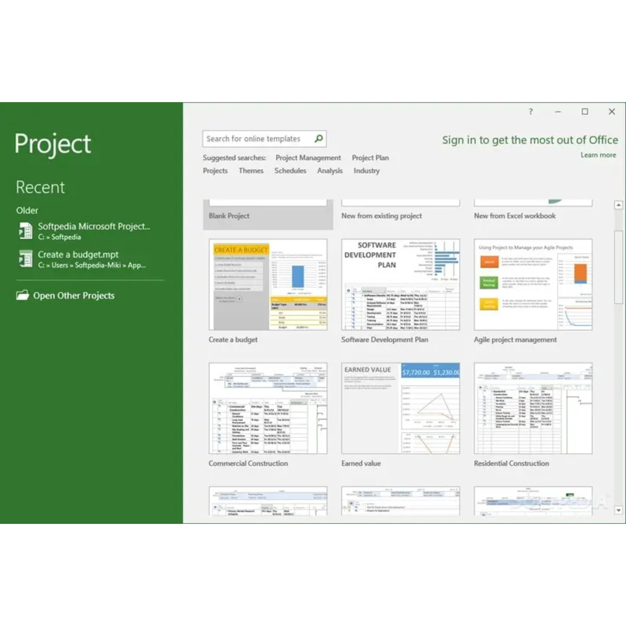 Screenshot der Microsoft Project 2016 Professional Vorlagen und Projektübersicht