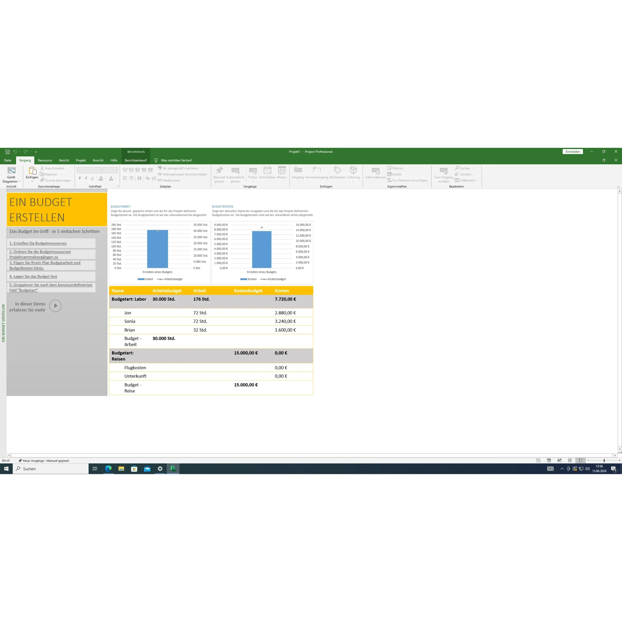 Microsoft Project 2021 Professional Screenshot mit Budget- und Kostenübersicht zur Projektplanung unter Windows