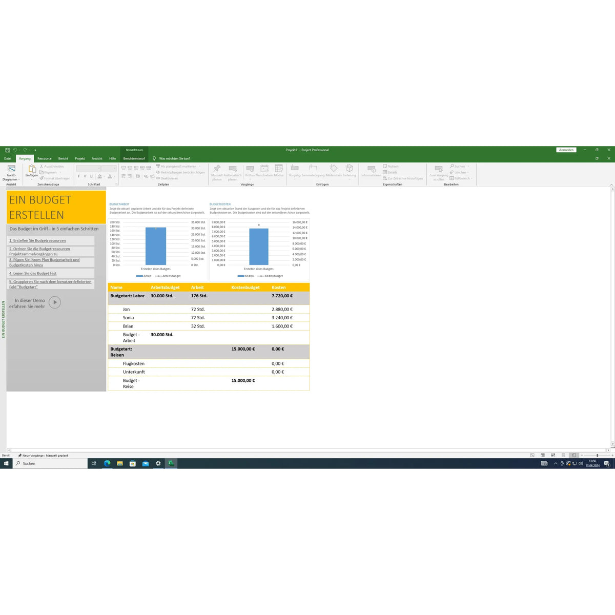 Microsoft Project 2021 Professional Screenshot mit Budget- und Kostenübersicht zur Projektplanung unter Windows