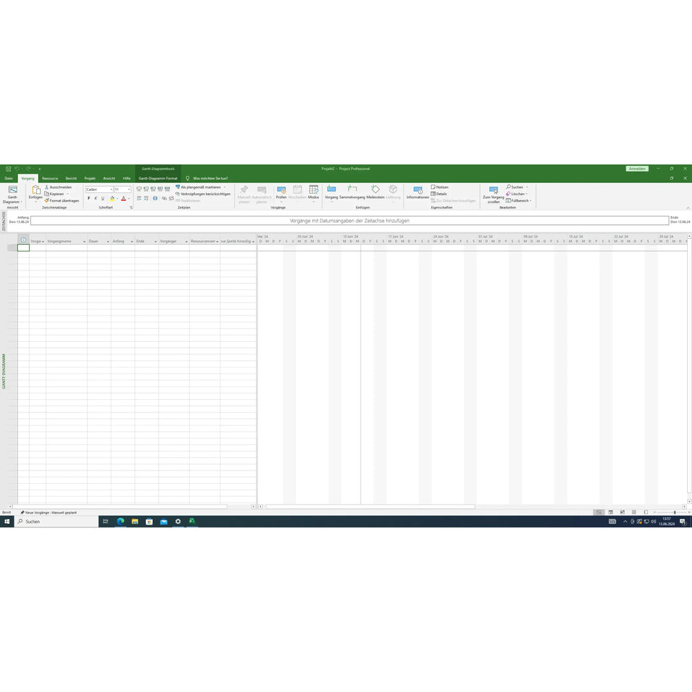 Screenshot aus Microsoft Project 2021 Professional unter Windows mit Gantt-Diagramm und Projektplanungsansicht