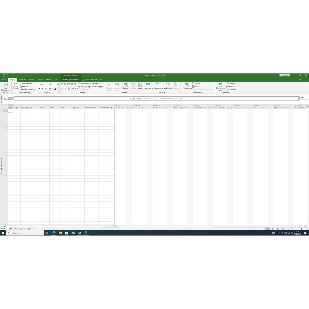 Screenshot aus Microsoft Project 2021 Professional unter Windows mit Gantt-Diagramm und Projektplanungsansicht