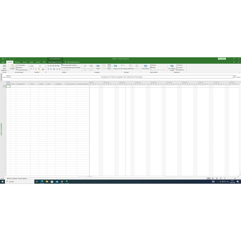Screenshot aus Microsoft Project 2021 Professional unter Windows mit Gantt-Diagramm und Projektplanungsansicht