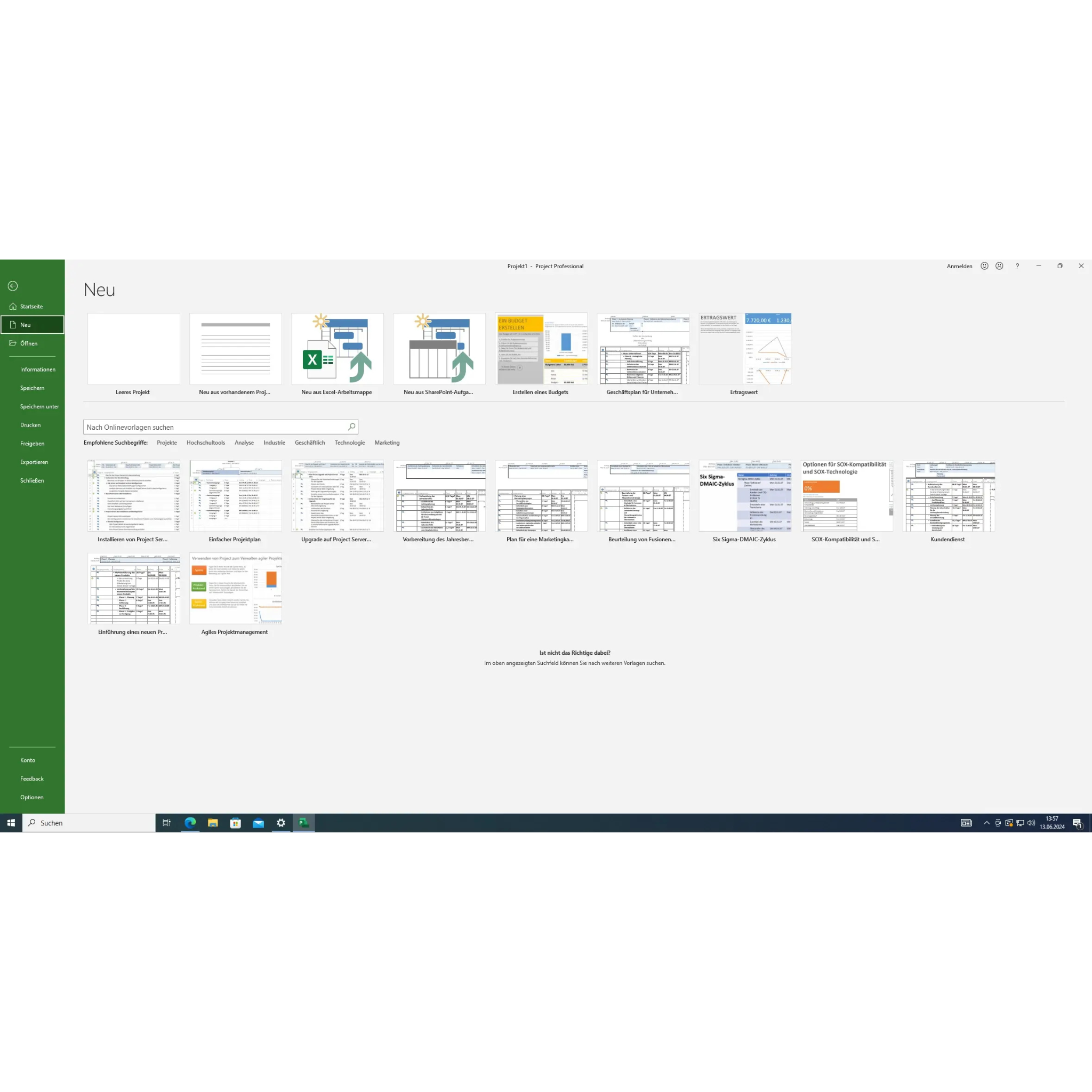 Microsoft Project 2021 Professional Screenshot mit Projektvorlagen und Startübersicht für neue Projekte unter Windows