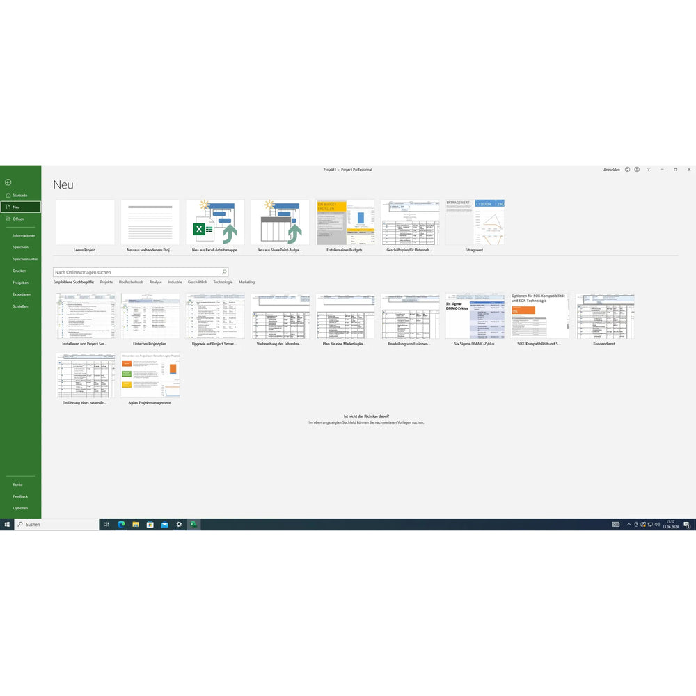 Microsoft Project 2021 Professional Screenshot mit Projektvorlagen und Startübersicht für neue Projekte unter Windows