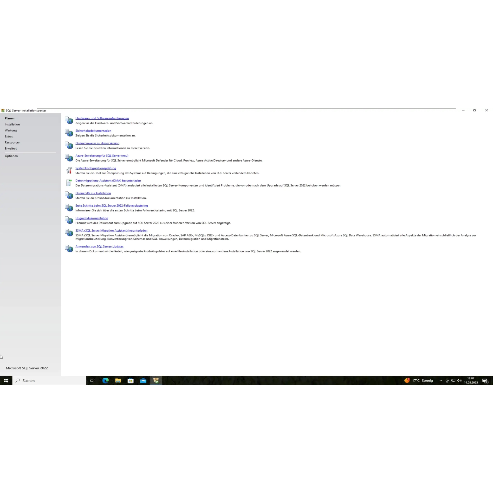 Setup-Übersicht des Microsoft SQL Server 2022 mit Installationsoptionen und Funktionsauswahl