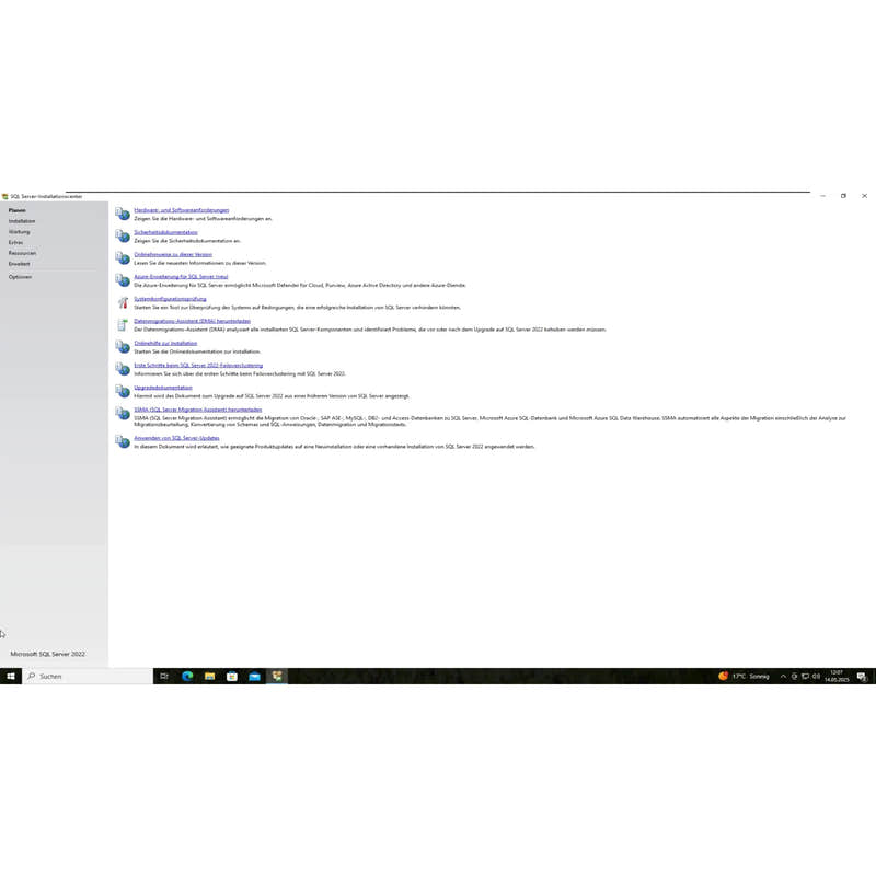 Setup-Übersicht des Microsoft SQL Server 2022 mit Installationsoptionen und Funktionsauswahl
