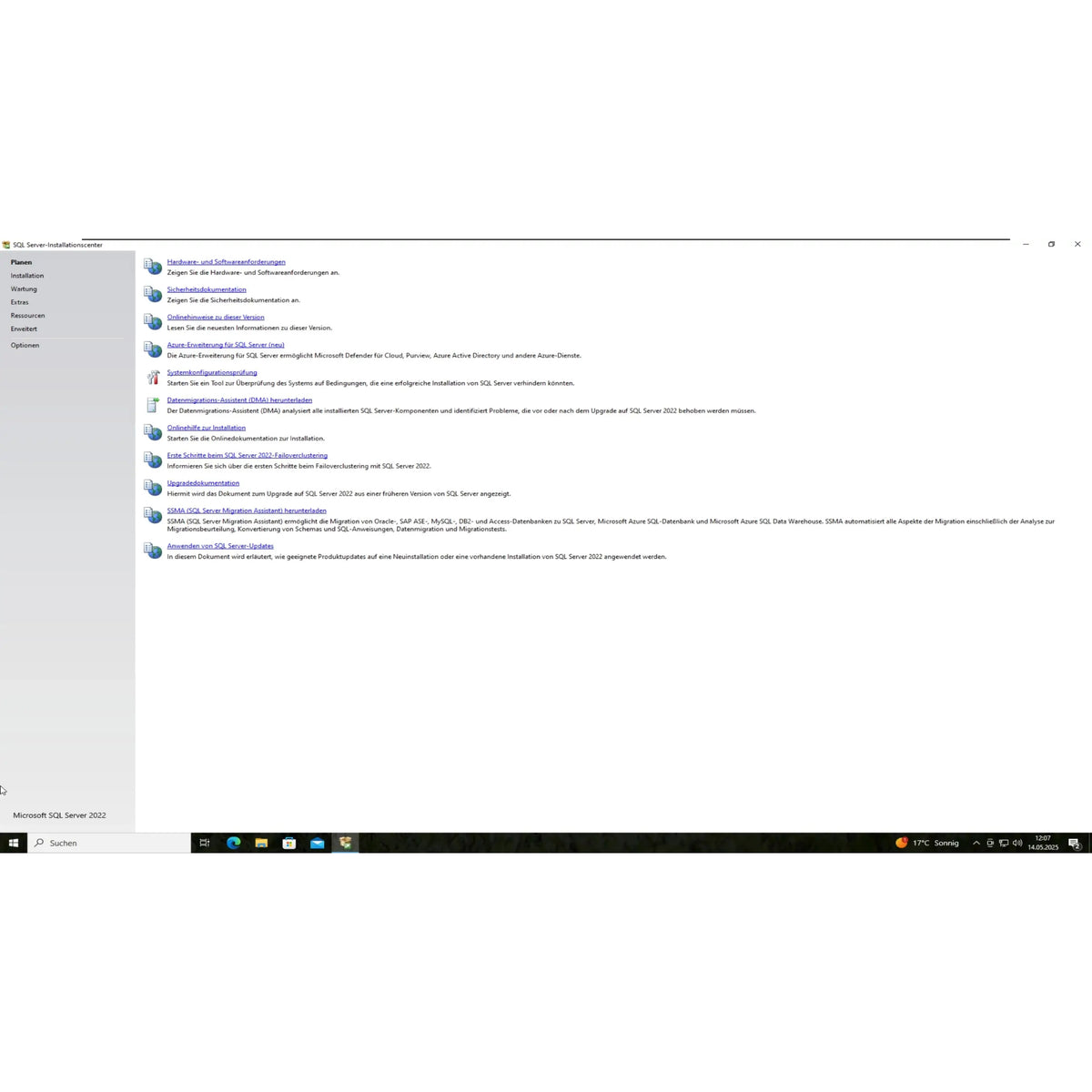 Setup-Übersicht des Microsoft SQL Server 2022 mit Installationsoptionen und Funktionsauswahl