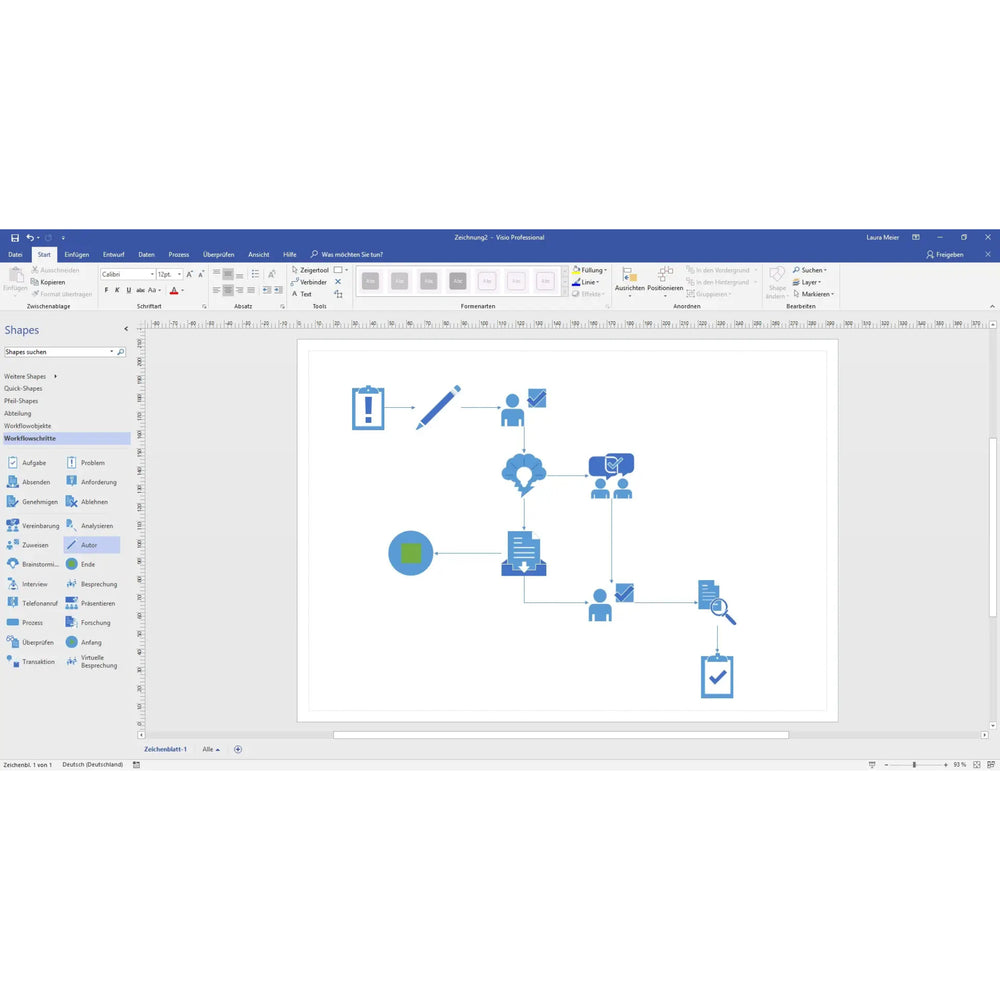 Technisches Flussdiagramm im Microsoft Visio 2021 Professional Editor mit verschiedenen Symbolen und Bearbeitungswerkzeugen auf der Benutzeroberfläche