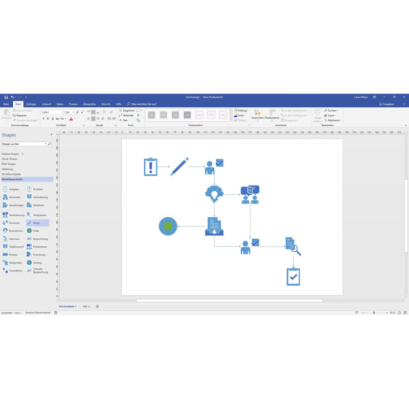 Technisches Flussdiagramm im Microsoft Visio 2021 Professional Editor mit verschiedenen Symbolen und Bearbeitungswerkzeugen auf der Benutzeroberfläche
