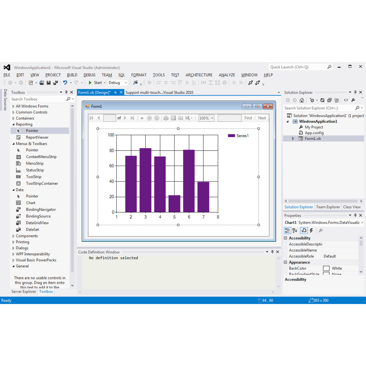 Screenshot der Benutzeroberfläche von Microsoft Visual Studio Professional 2022 mit geöffnetem Windows-Forms-Projekt und Balkendiagramm zur Visualisierung von Daten – Entwicklungsumgebung für Programmierer