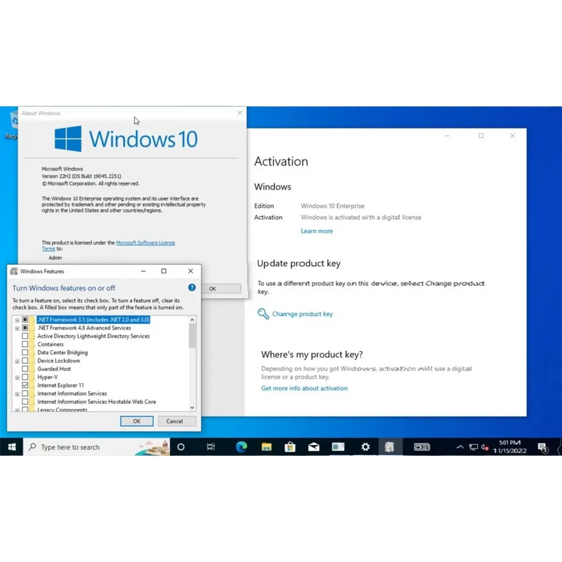 Aktivierungs- und Systemeinstellungsfenster von Windows 10 Enterprise mit Optionen zur Lizenzaktivierung und Verwaltung der Windows-Funktionen