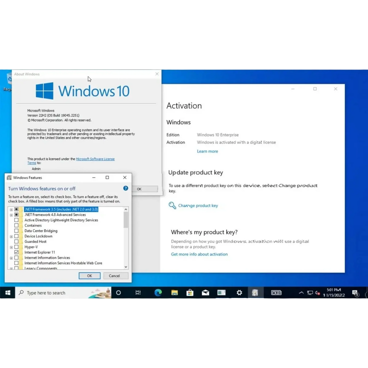 Aktivierungs- und Systemeinstellungsfenster von Windows 10 Enterprise mit Optionen zur Lizenzaktivierung und Verwaltung der Windows-Funktionen