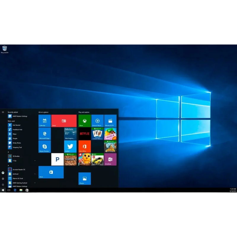 Windows 10 Enterprise Desktopansicht mit geöffnetem Startmenü und moderner Benutzeroberfläche für professionelle Unternehmens-PCs.