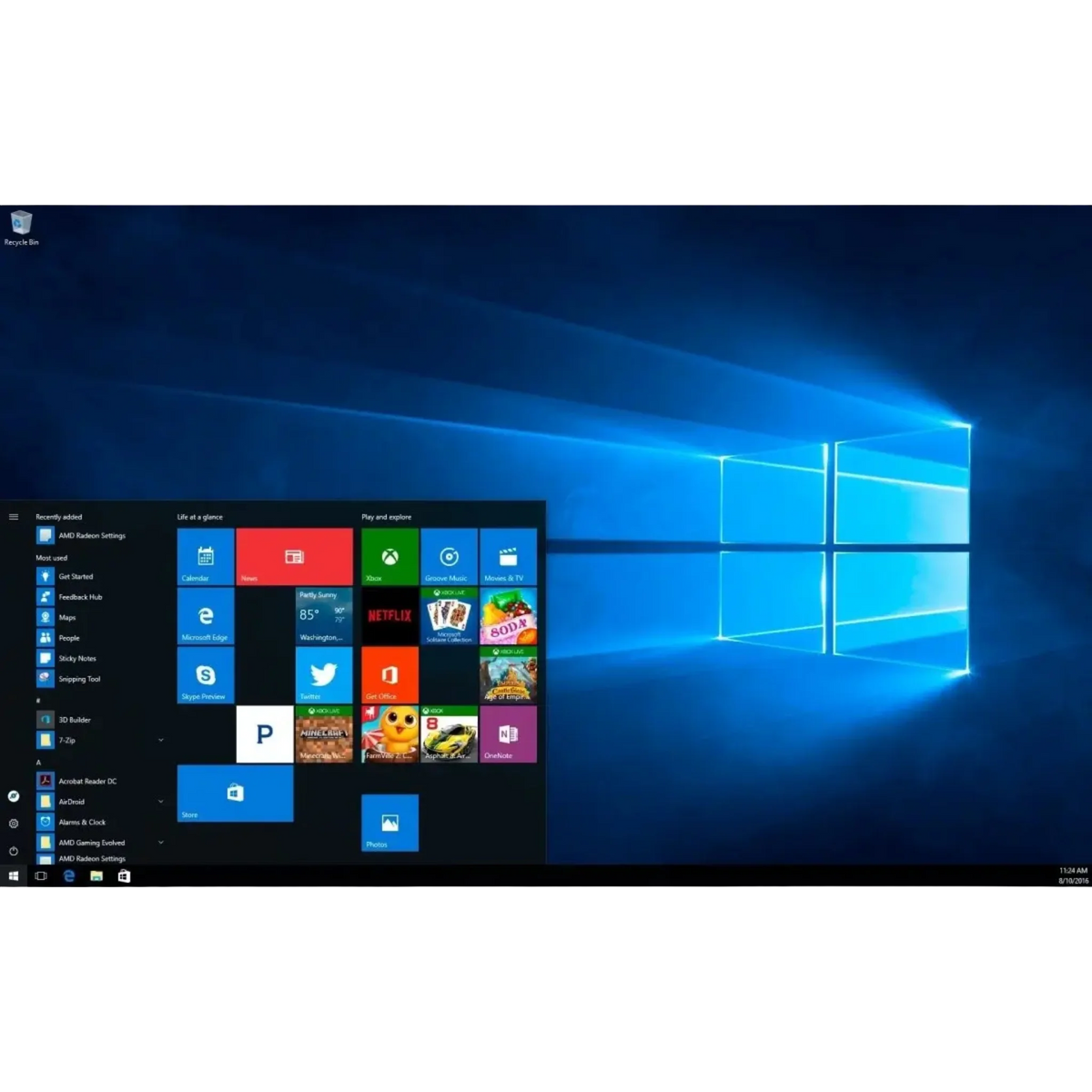 Windows 10 Enterprise Desktopansicht mit geöffnetem Startmenü und moderner Benutzeroberfläche für professionelle Unternehmens-PCs.
