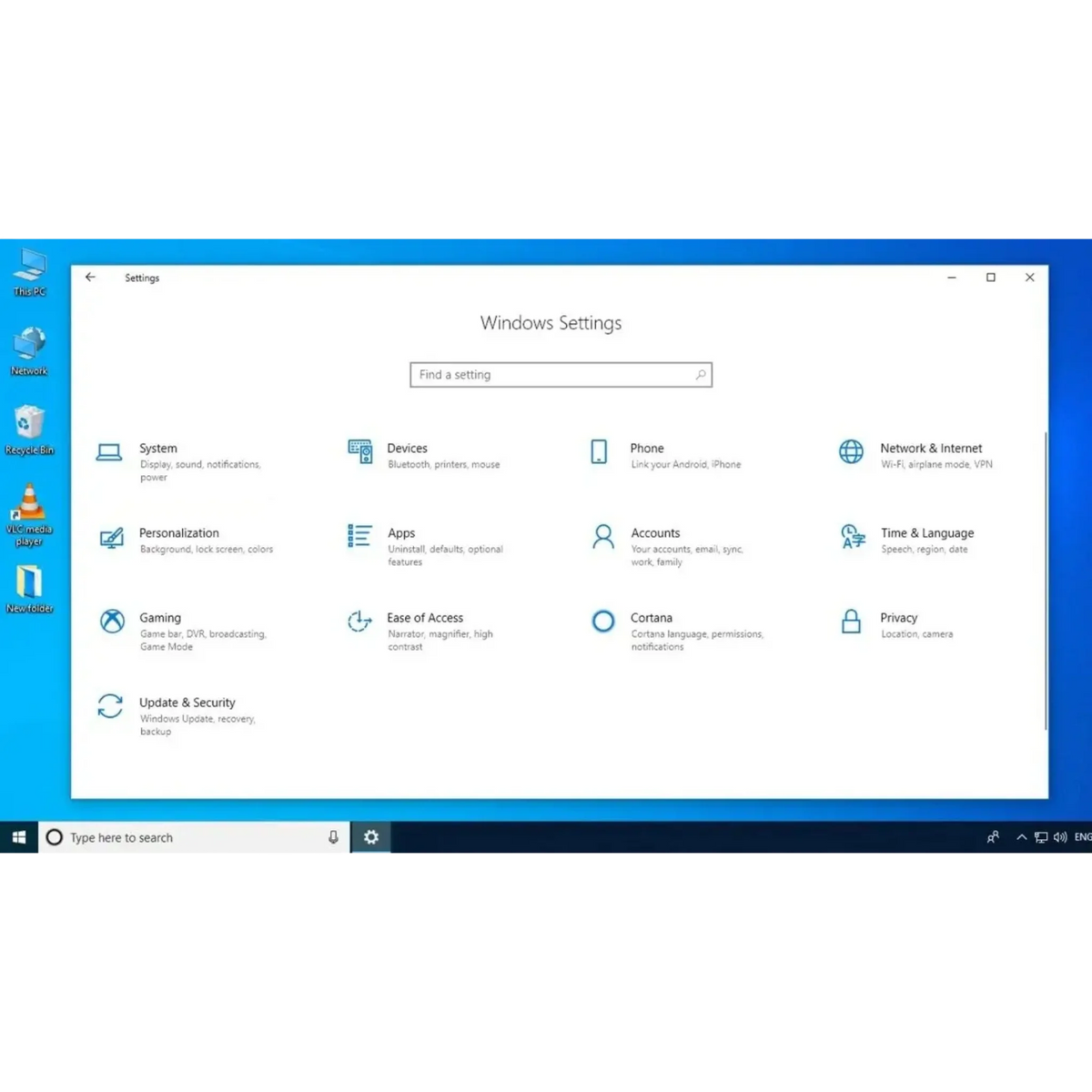 Windows 10 Enterprise Einstellungsmenü mit System-, Geräte-, Netzwerk- und Sicherheitsoptionen in der modernen Benutzeroberfläche