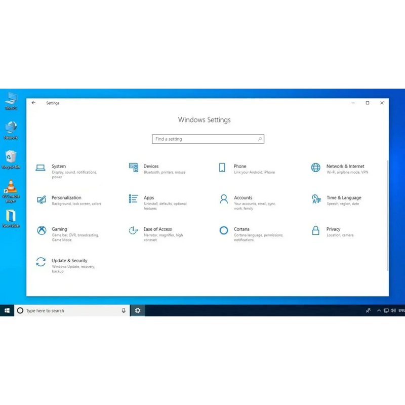 Windows 10 Enterprise Einstellungsmenü mit System-, Geräte-, Netzwerk- und Sicherheitsoptionen in der modernen Benutzeroberfläche