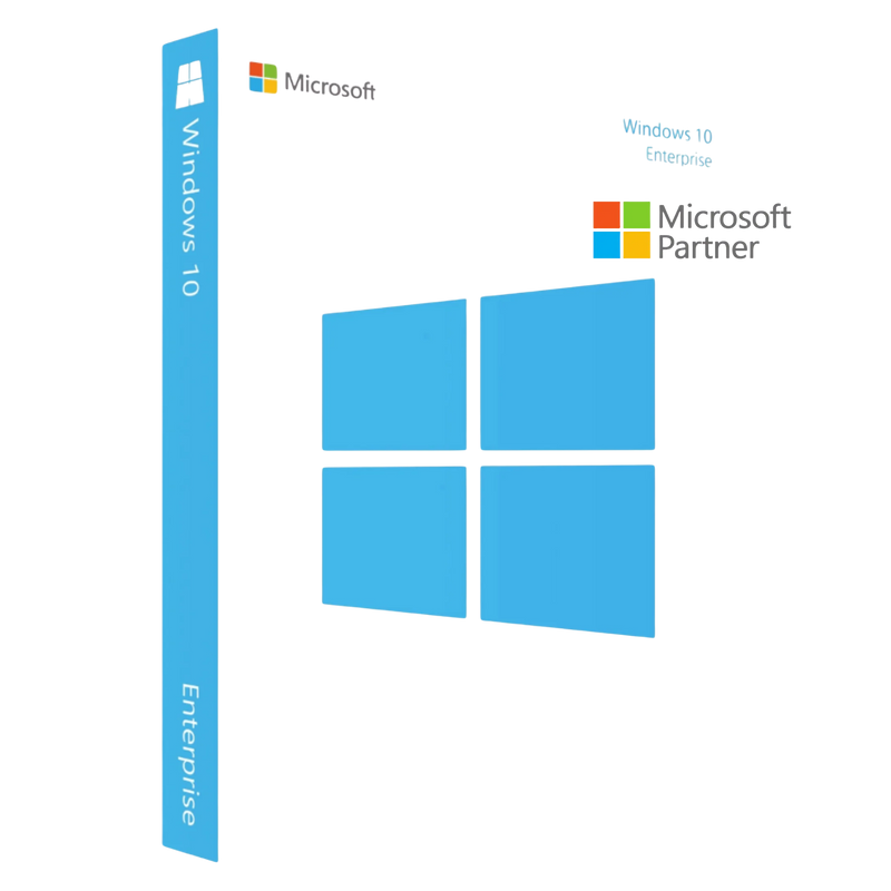 Produktverpackung von Microsoft Windows 10 Enterprise als 32- und 64-Bit Lizenz für professionelle Unternehmens-PCs und Laptops.