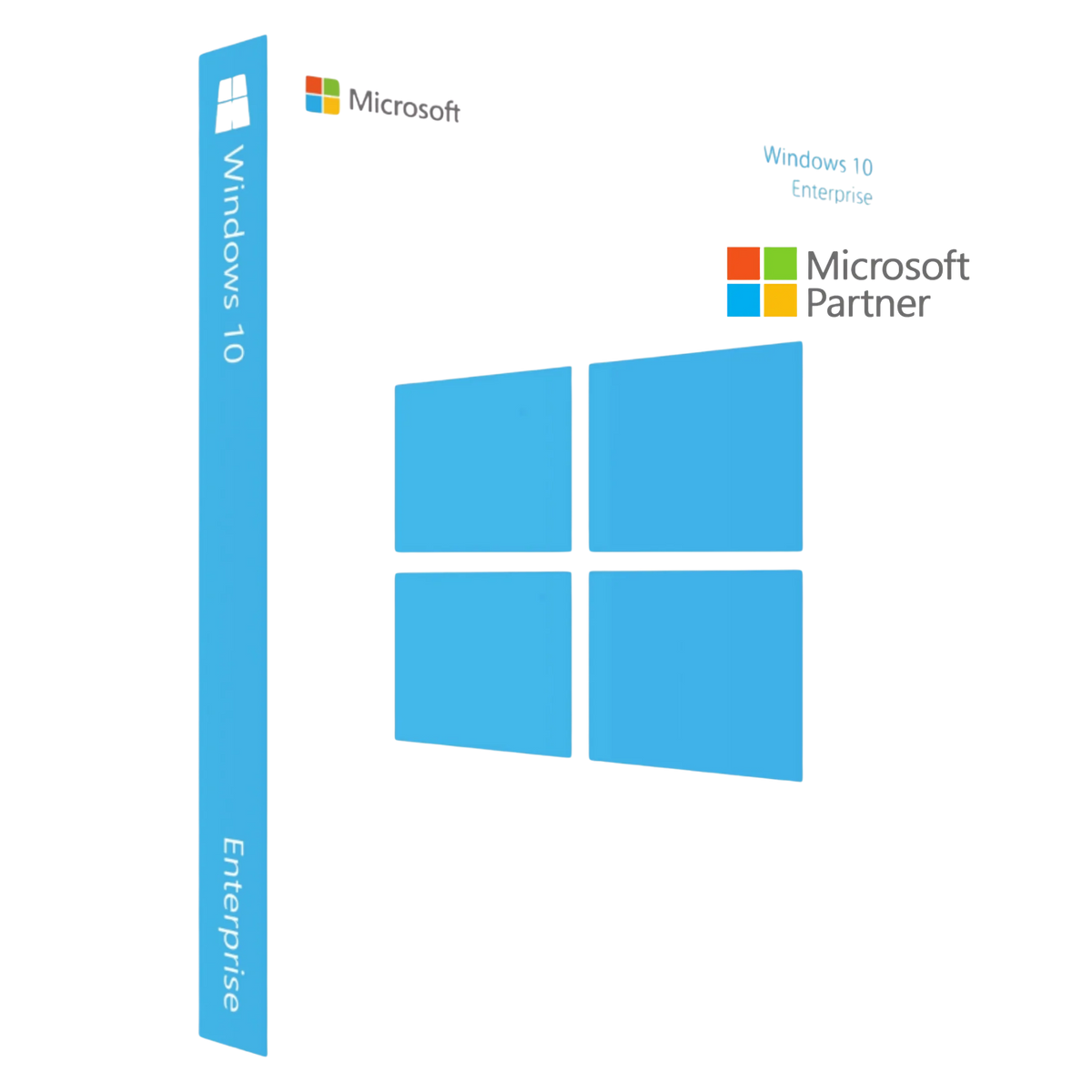 Produktverpackung von Microsoft Windows 10 Enterprise als 32- und 64-Bit Lizenz für professionelle Unternehmens-PCs und Laptops.