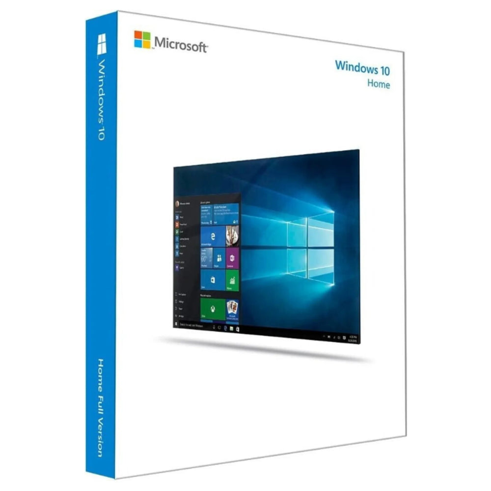 Produktverpackung von Microsoft Windows 10 Home OEM als 32- und 64-Bit Download-Lizenz – offizielles Betriebssystem für PCs mit modernem Windows 10 Desktop