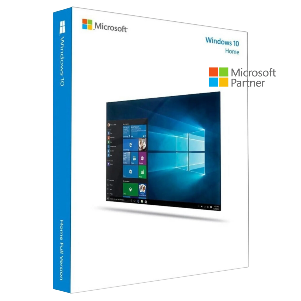 Produktverpackung von Microsoft Windows 10 Home OEM als 32- und 64-Bit Download-Lizenz – offizielles Betriebssystem für PCs mit modernem Windows 10 Desktop