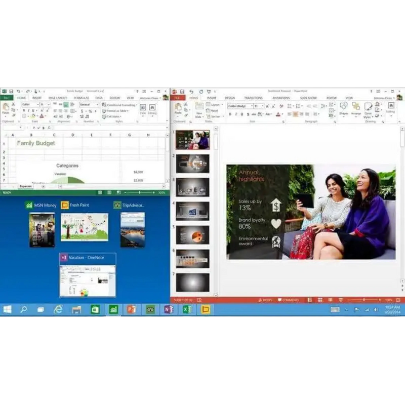 Multitasking-Ansicht unter Windows 10 Home OEM mit geöffneten Microsoft Office Anwendungen wie Excel und PowerPoint auf dem Desktop