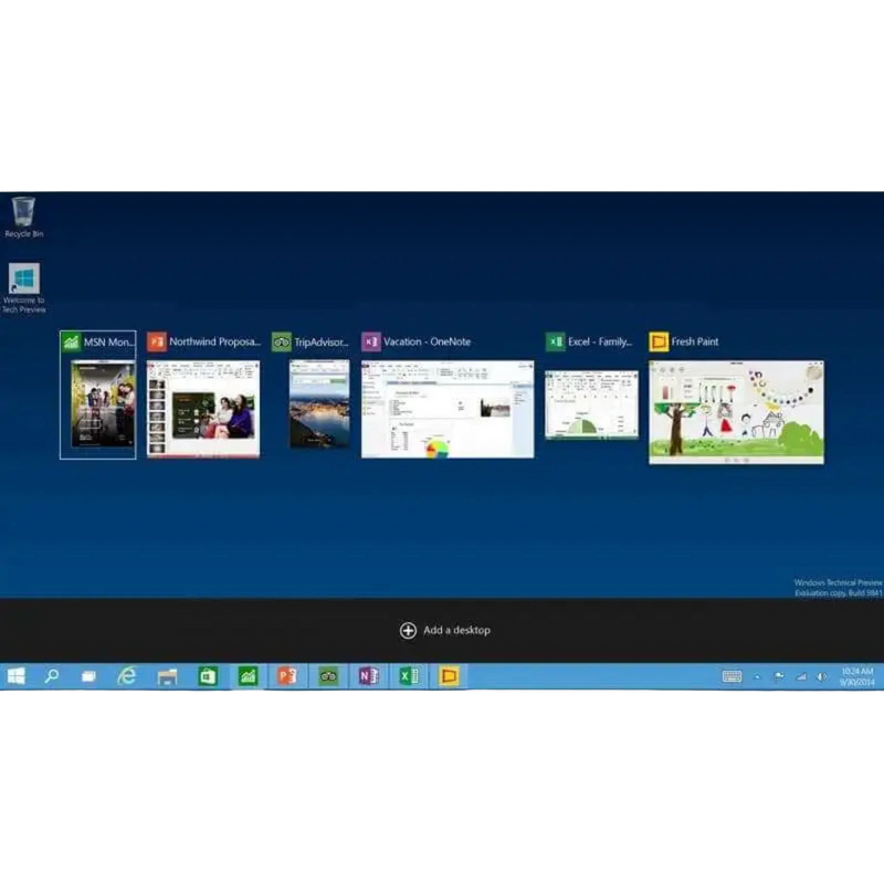 Taskansicht unter Windows 10 Home OEM mit mehreren geöffneten Apps und der Option für virtuelle Desktops auf dem Windows-10-Desktop
