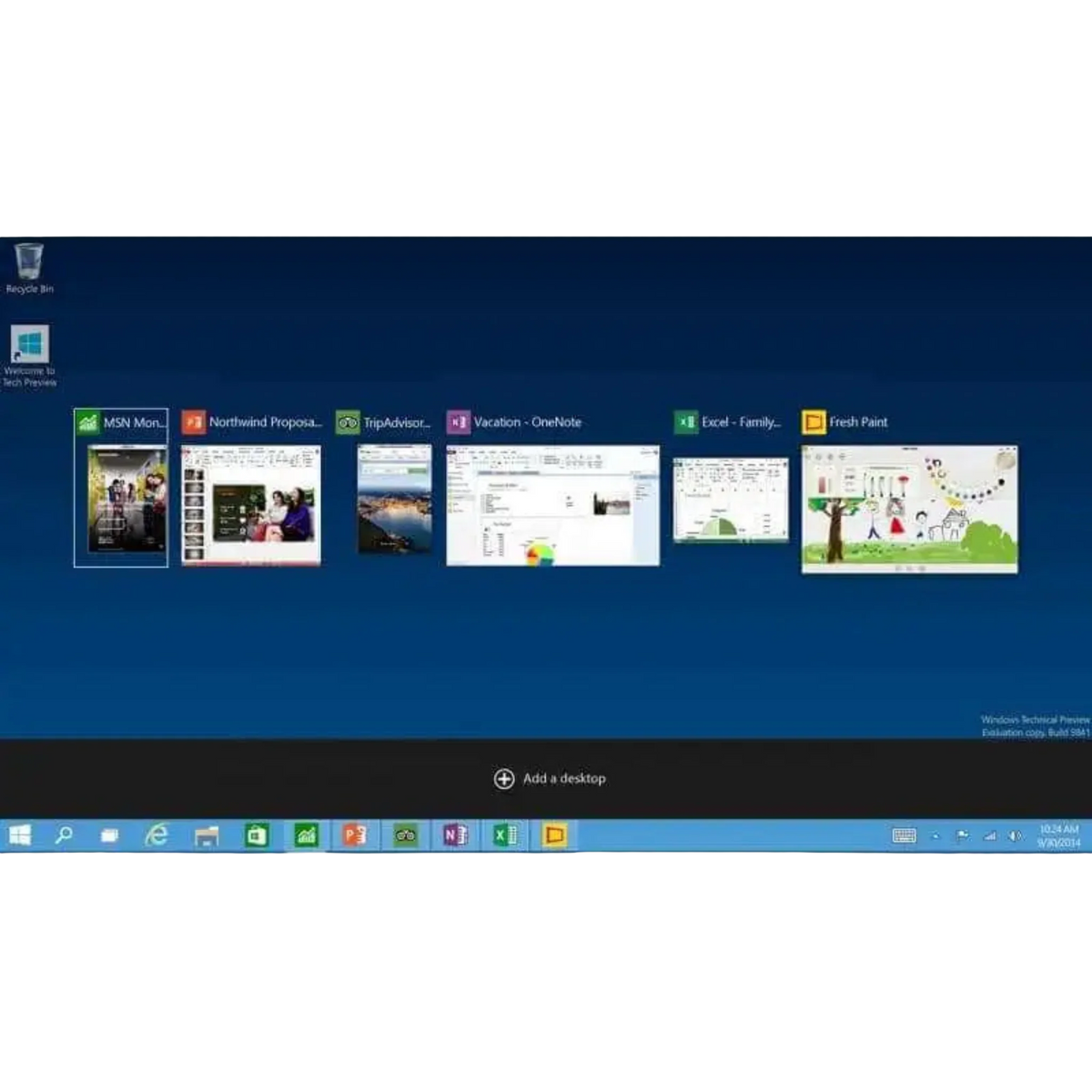 Taskansicht unter Windows 10 Home OEM mit mehreren geöffneten Apps und der Option für virtuelle Desktops auf dem Windows-10-Desktop