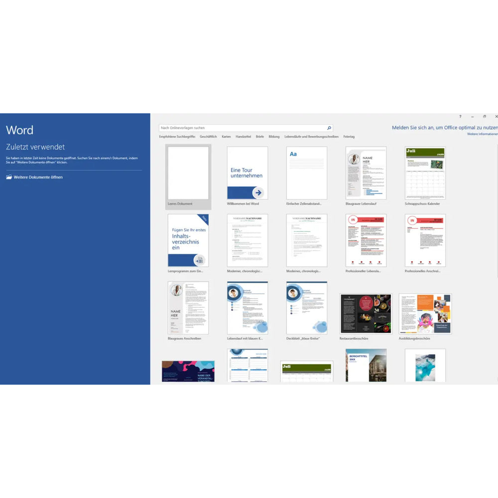 Screenshot der Microsoft Word 2016 Oberfläche auf dem Mac mit Übersicht der verfügbaren Dokumentvorlagen.