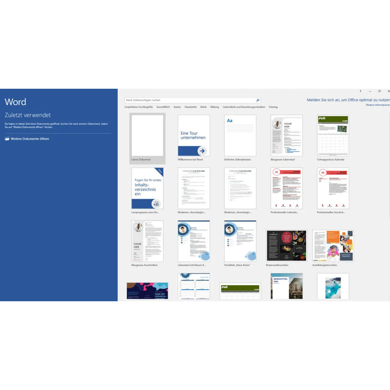 Screenshot der Microsoft Word 2016 Oberfläche auf dem Mac mit Übersicht der verfügbaren Dokumentvorlagen.