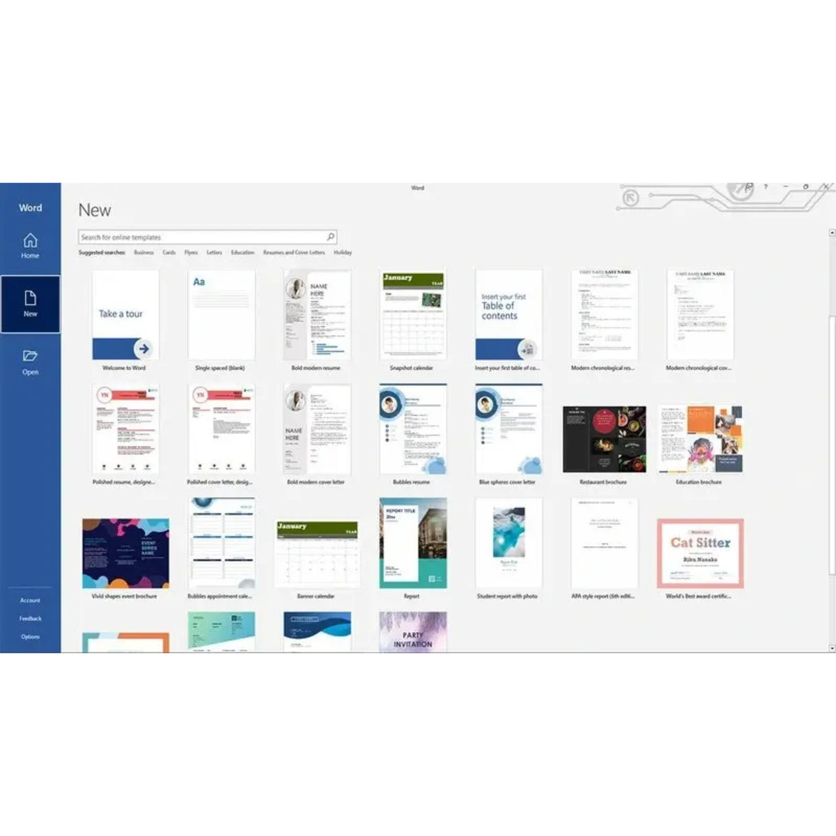 Microsoft Word 2019 Oberfläche unter Windows mit Übersicht der verfügbaren Dokumentvorlagen