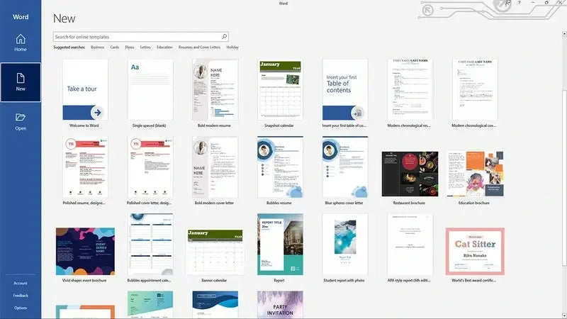 Microsoft Word 2019 Oberfläche unter Windows mit Übersicht der verfügbaren Dokumentvorlagen
