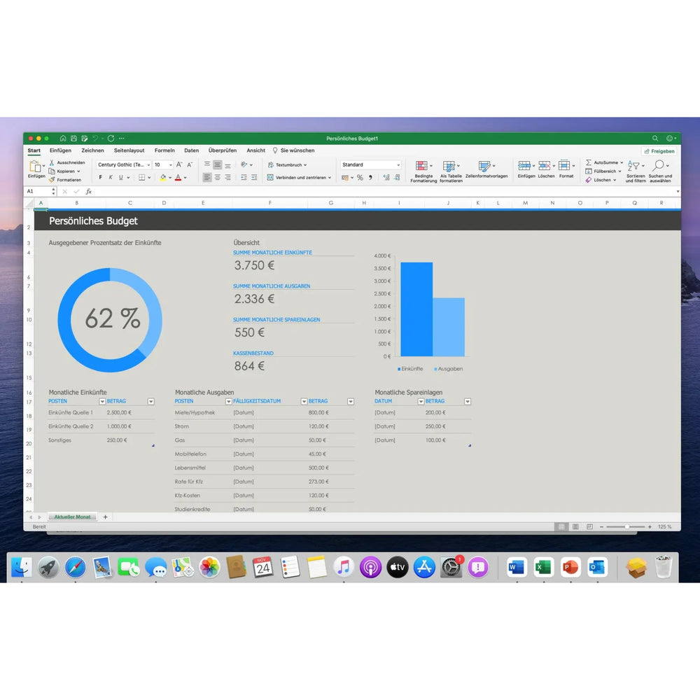 Excel Budgetvorlage mit Diagrammen in Microsoft Office 2021 Standard für Mac