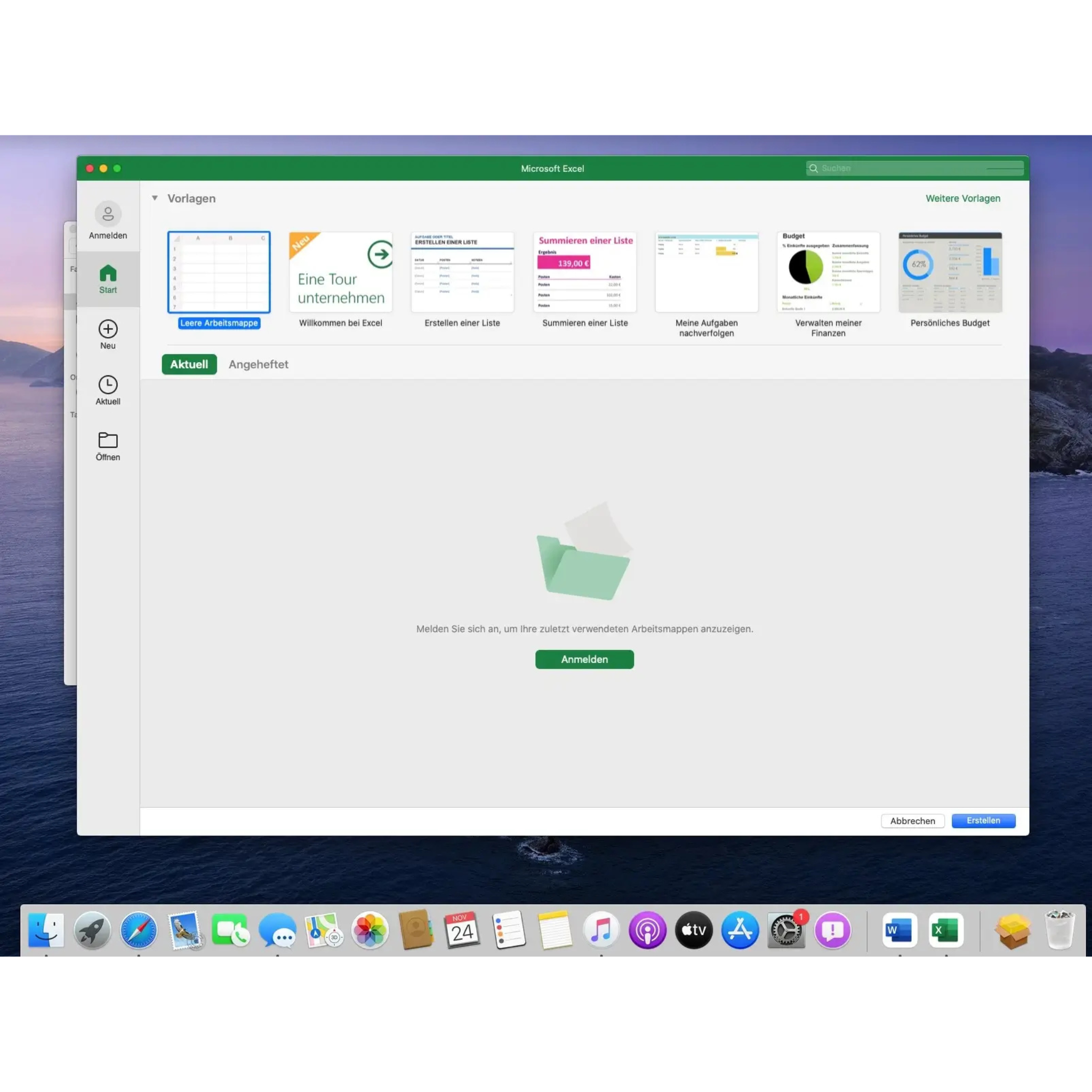Startansicht von Microsoft Excel in Office 2021 Standard für Mac mit Vorlagenübersicht