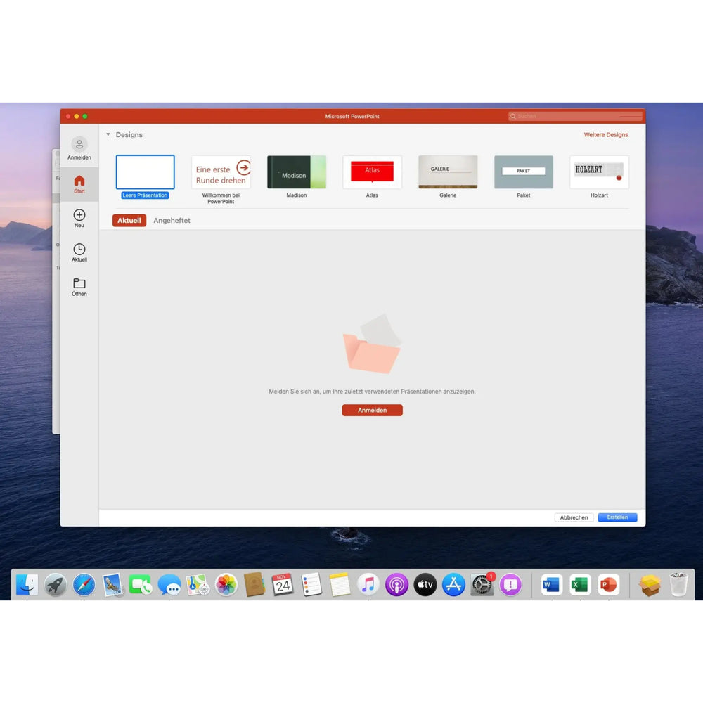 Startansicht von Microsoft PowerPoint in Office 2021 Standard für Mac mit Designvorlagen