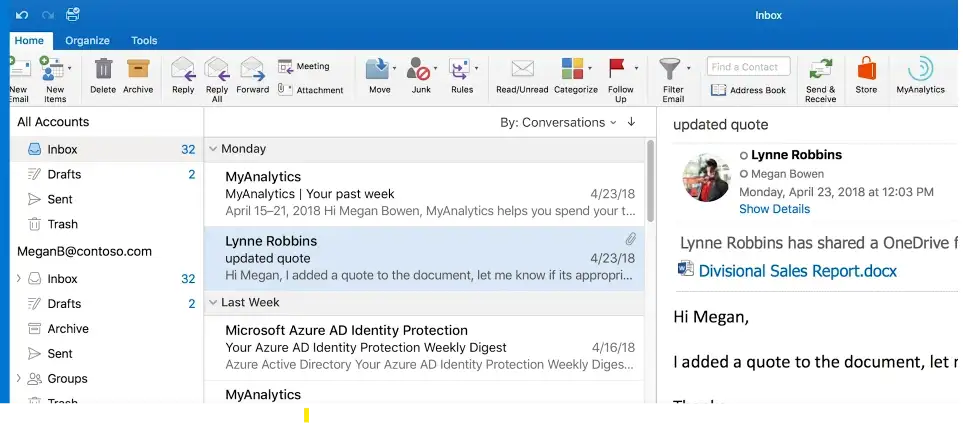 Outlook 2024 für Mac zeigt die E-Mail-Inbox mit Nachrichtenübersicht und Ordnerstruktur