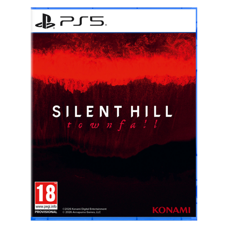 Silent Hill Townfall PS5 Spielcover mit rotem Nebel, weißem Titel „Silent Hill Townfall“, PEGI 18 Kennzeichnung und Konami Logo unten rechts.