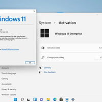 Windows 11 Enterprise zeigt das Aktivierungsmenü und die Systeminformationen mit aktivierter Lizenz.