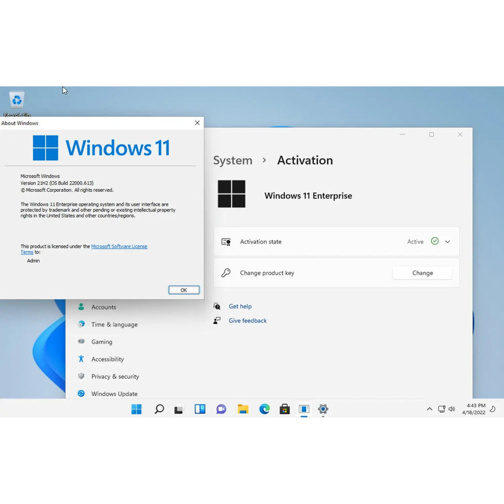 Windows 11 Enterprise zeigt das Aktivierungsmenü und die Systeminformationen mit aktivierter Lizenz.