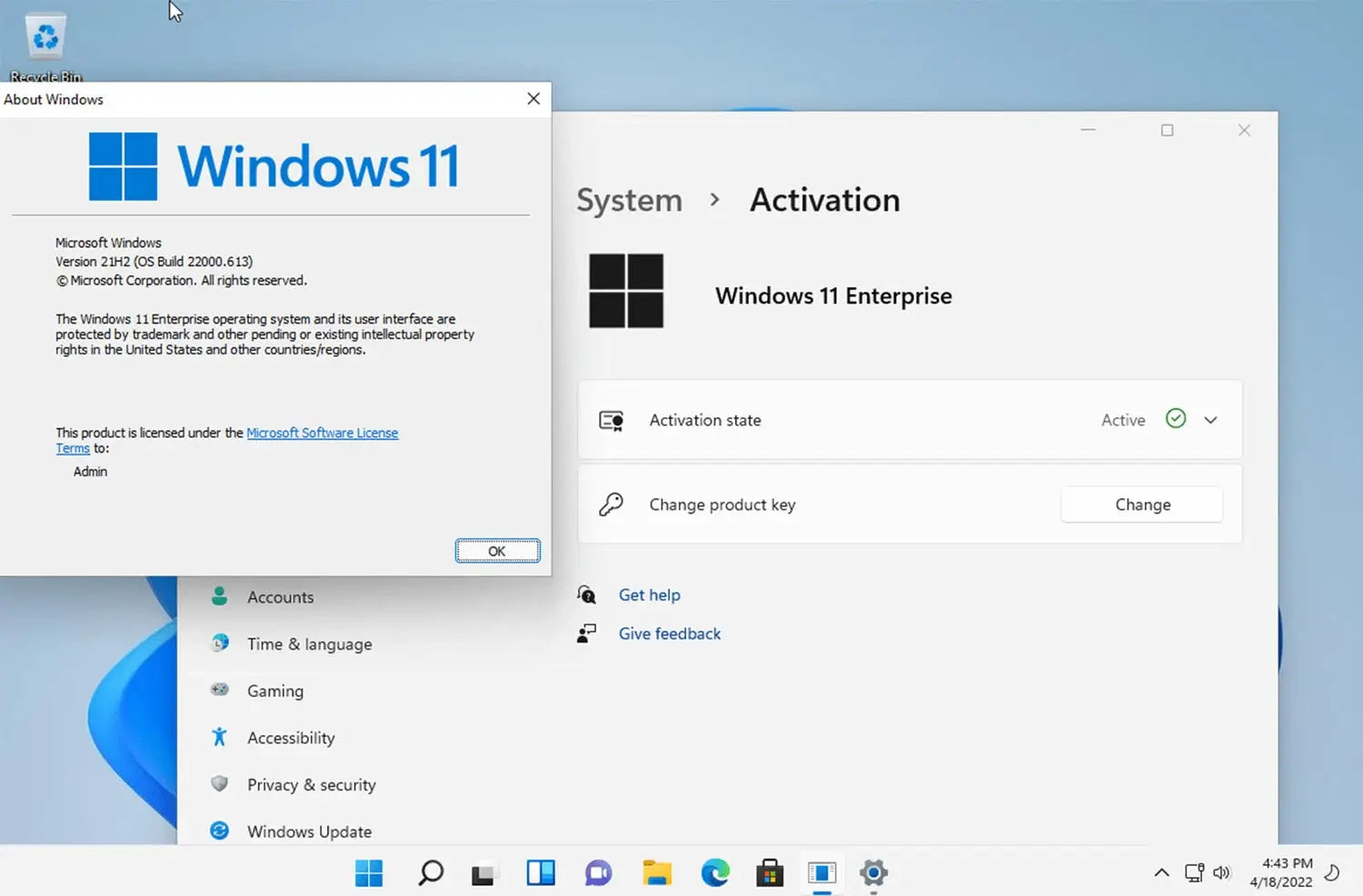 Windows 11 Enterprise zeigt das Aktivierungsmenü und die Systeminformationen mit aktivierter Lizenz.