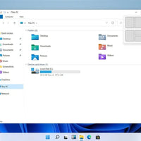 Windows 11 Enterprise zeigt den modernen Datei-Explorer mit geöffneten Snap-Layout-Optionen zur Fensteranordnung
