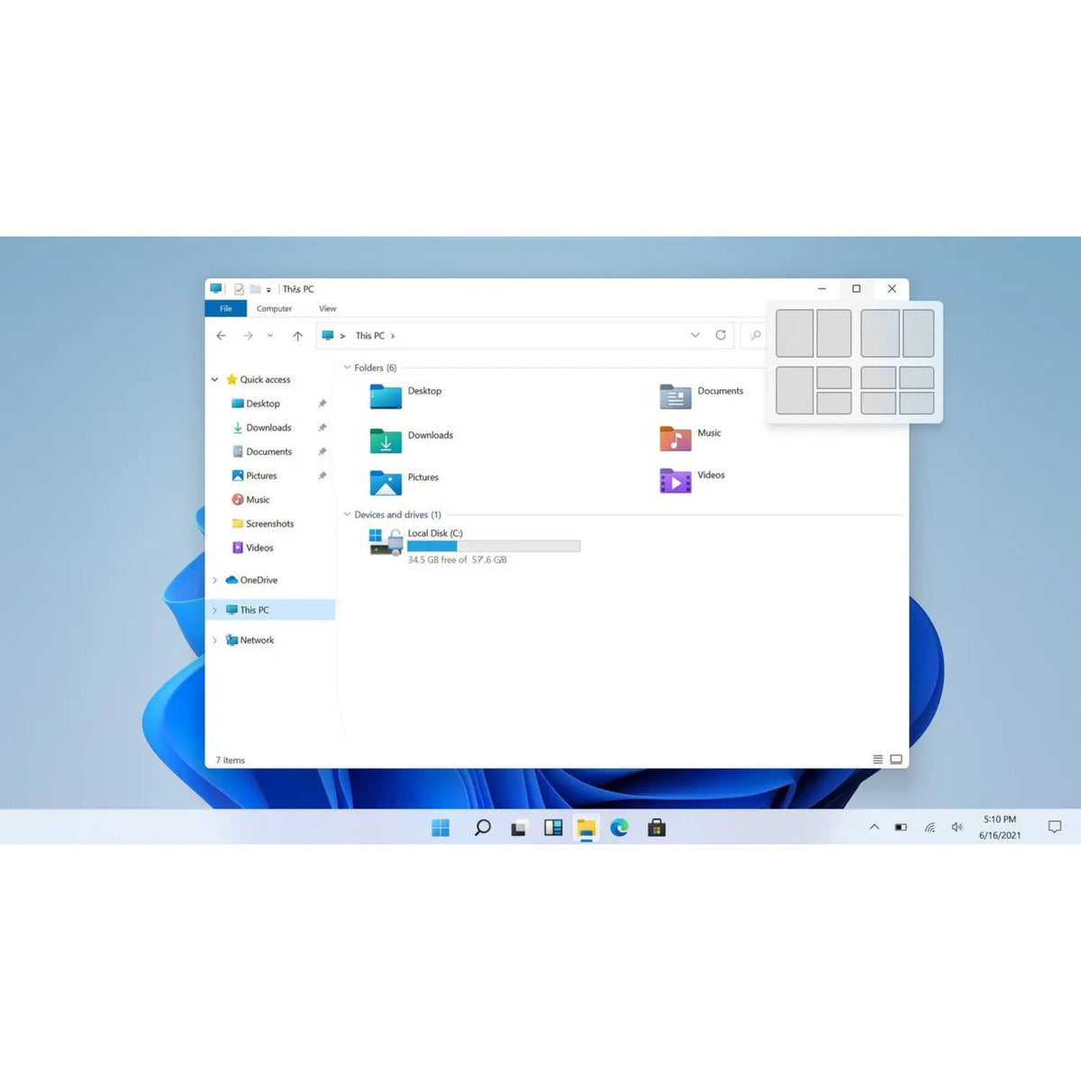 Windows 11 Enterprise zeigt den modernen Datei-Explorer mit geöffneten Snap-Layout-Optionen zur Fensteranordnung