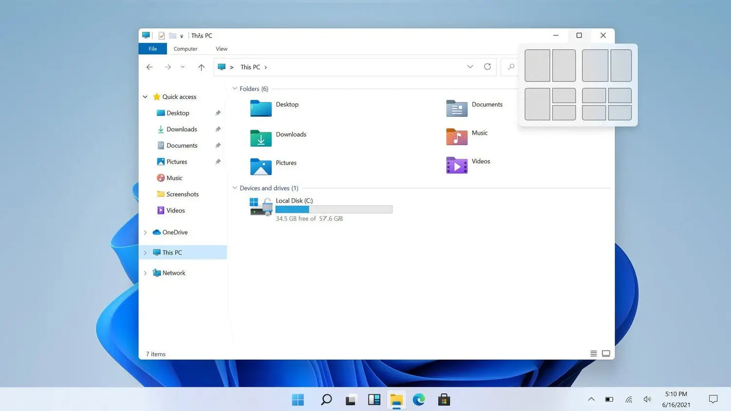 Windows 11 Enterprise zeigt den modernen Datei-Explorer mit geöffneten Snap-Layout-Optionen zur Fensteranordnung