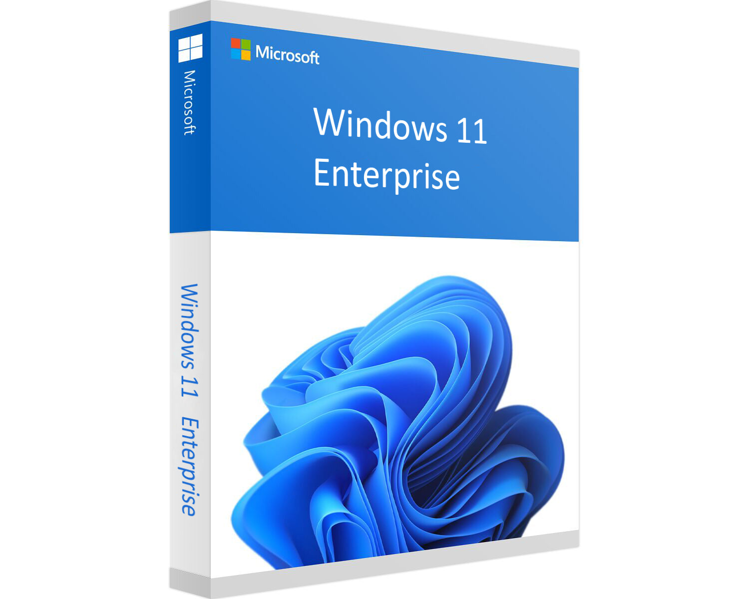 Offizielle Windows 11 Enterprise Verpackungsdarstellung mit blauem Windows-11-Design