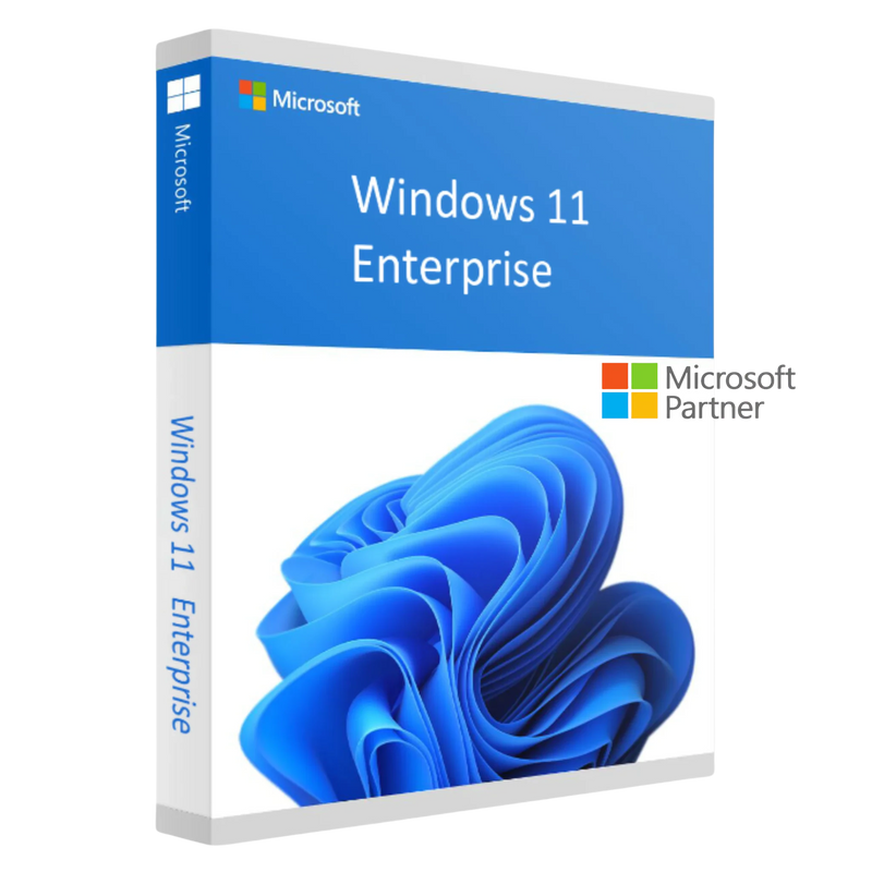 Offizielle Windows 11 Enterprise Verpackungsdarstellung mit blauem Windows-11-Design