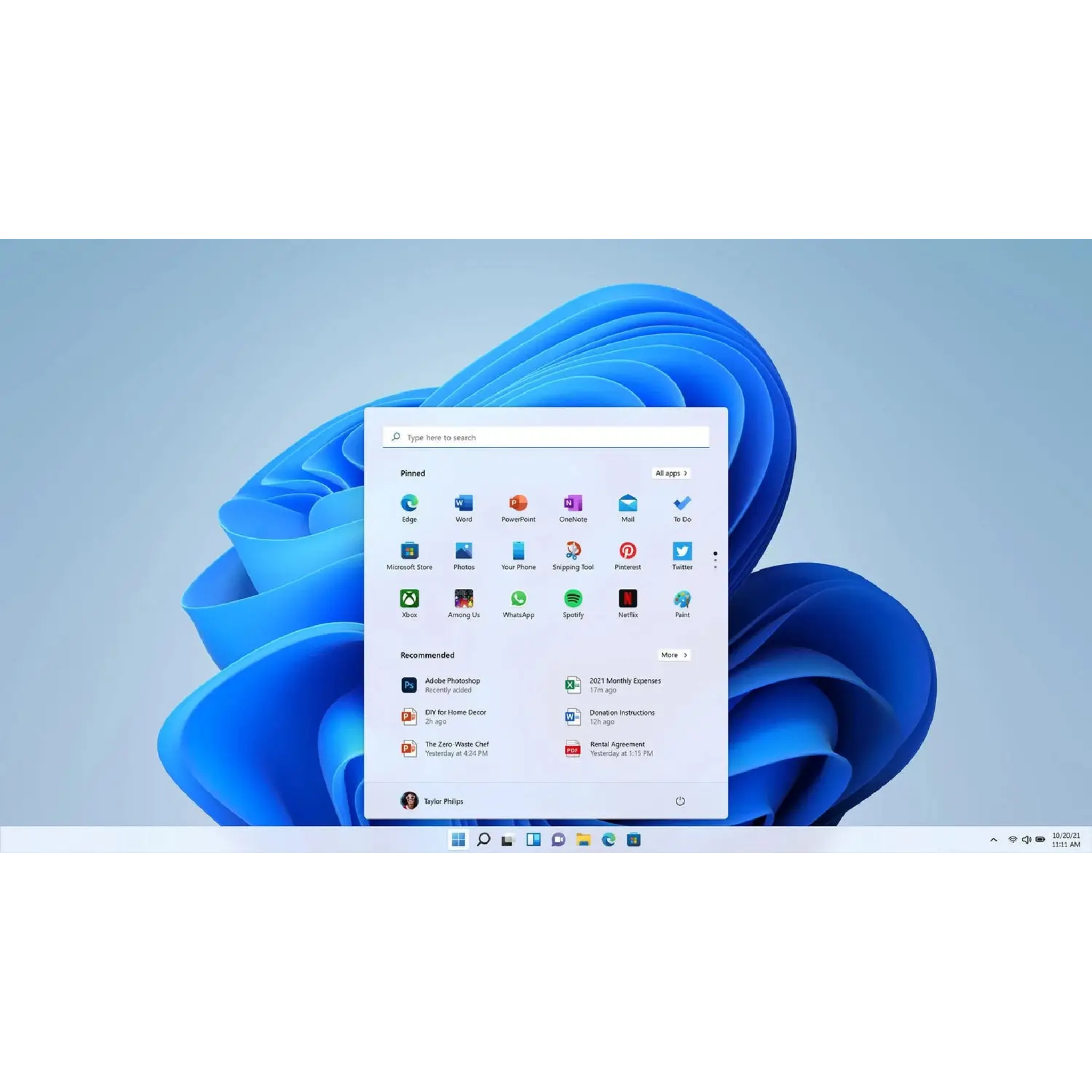 Windows 11 Enterprise zeigt das moderne Startmenü mit angehefteten Apps und Empfehlungen auf dem Desktop